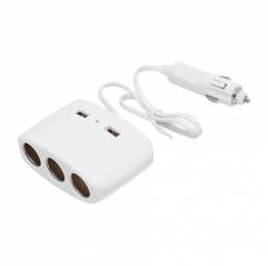 Adaptor bricheta auto tripla 12/24V alb si 2x port USB 5V/1000mA